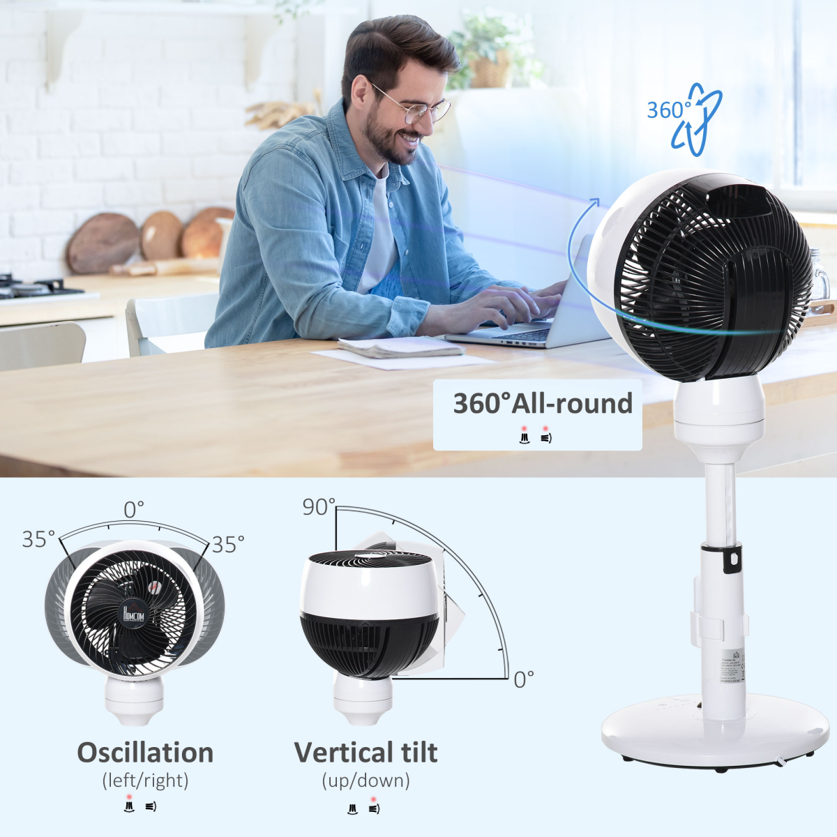 3-Speed Air Circulator Fan w/ Oscillation, Tilt & Remote (Black/White)