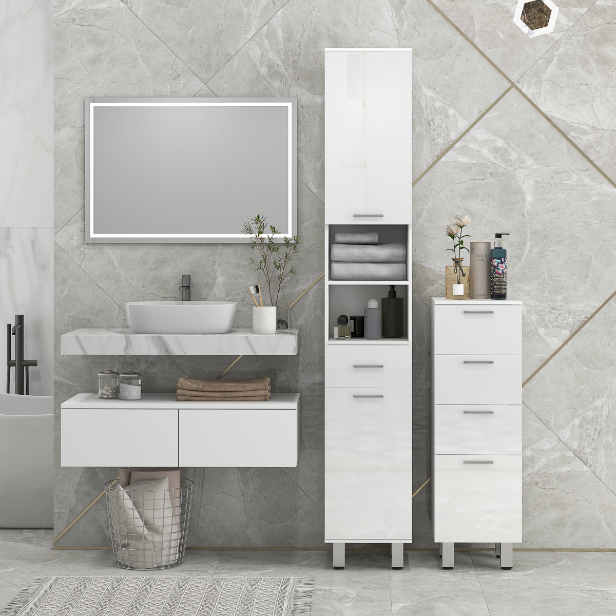 kleankin Tall Narrow Bathroom Storage Cabinet Cupboard w/ Drawer & 2-Tier Doors, White
