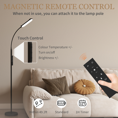 HOMCOM LED Floor Lamp, Black, Magnetic Remote, 5 Modes, 4 Brightness & Timer