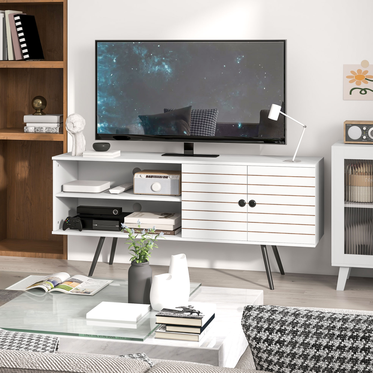 HOMCOM White TV Unit Cabinet for 65" TVs, Storage Shelves & Cable Holes