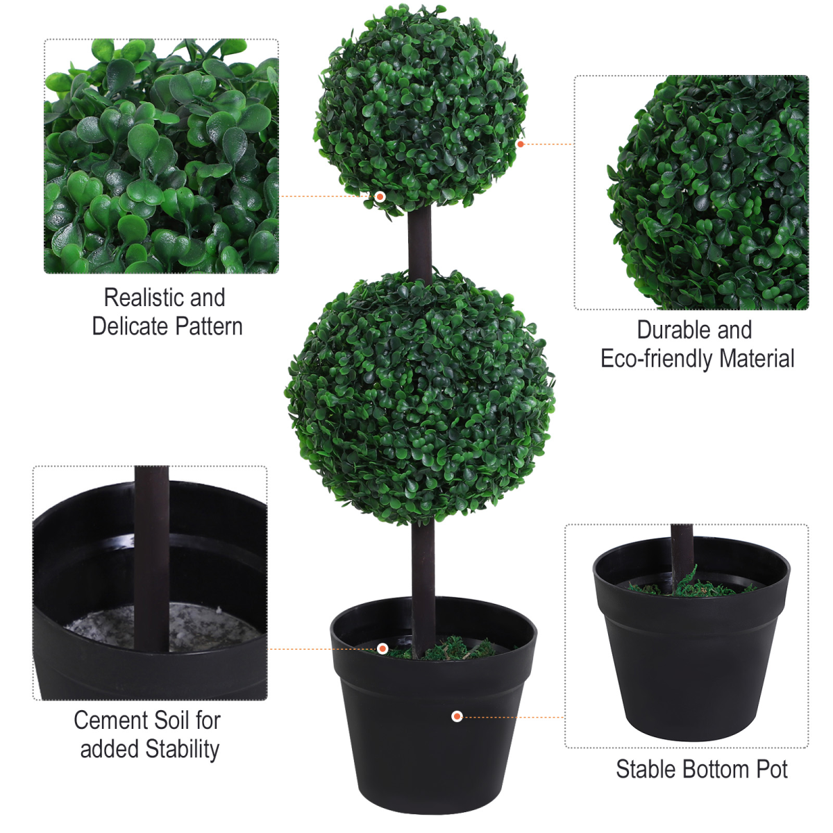 Set of 2 Artificial Boxwood Ball Topiary Trees in Green, PE Plants