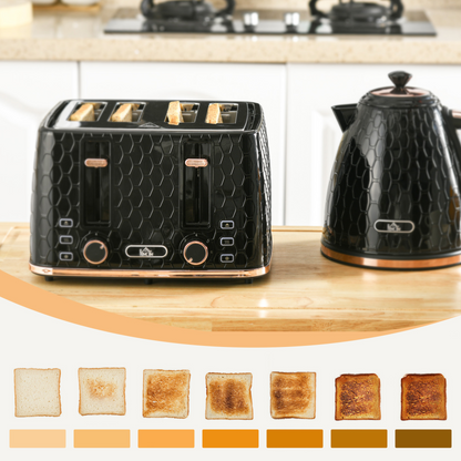 HOMCOM 1.7L Kettle & 4-Slice Toaster Set w/ Defrost, Reheat, Crumb Tray, Black