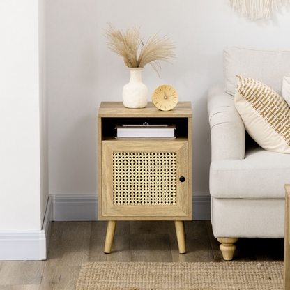 HOMCOM Rattan Nightstand with Cabinet, Shelf & Tabletop Storage, Anti-Tip