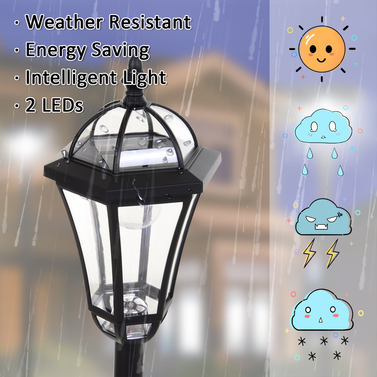 2-Pack Solar LED Garden Post Lights Adjustable Height UV Sensor Lantern, Black