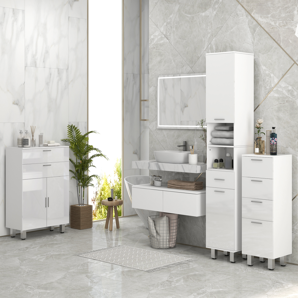 kleankin Tall Narrow Bathroom Storage Cabinet Cupboard w/ Drawer & 2-Tier Doors, White
