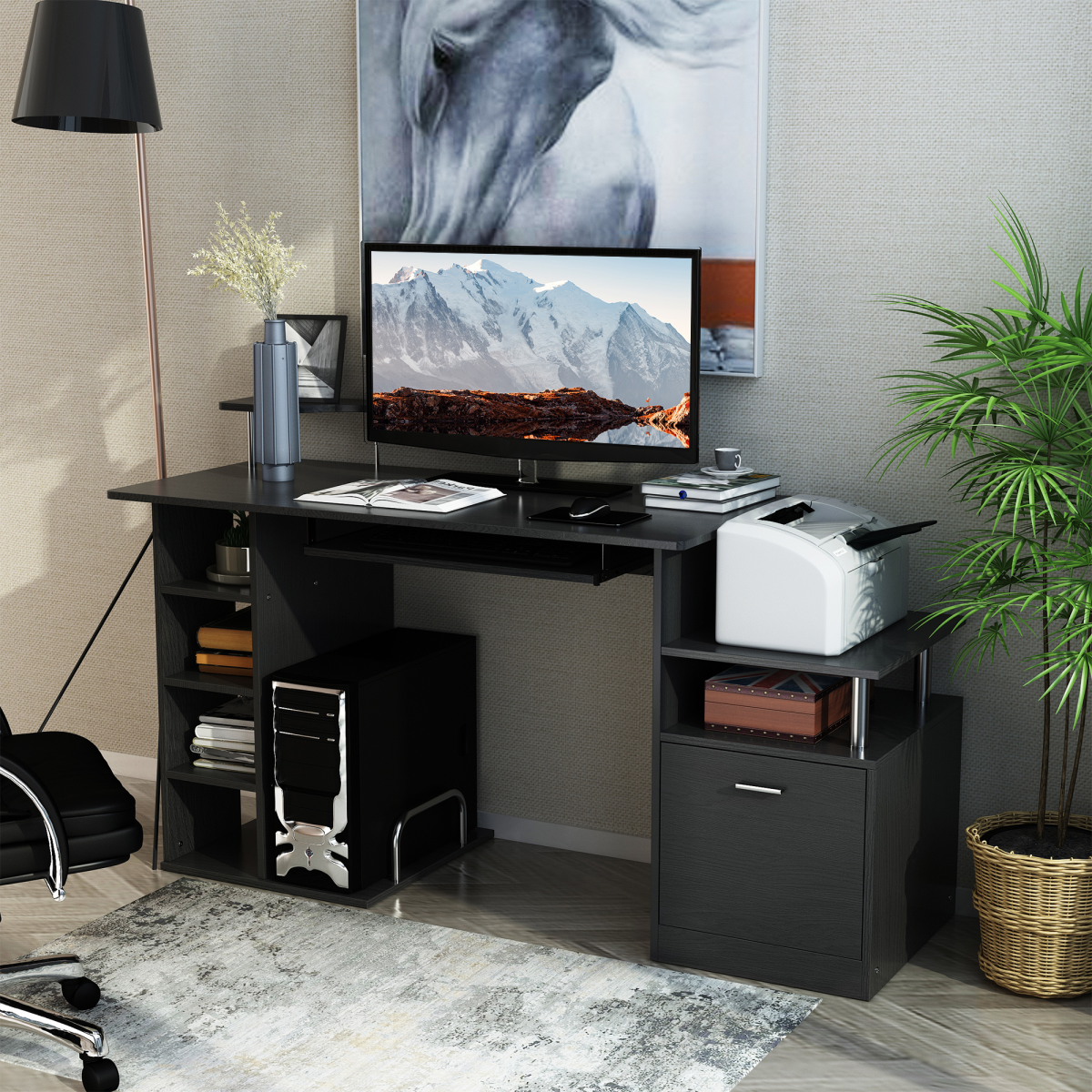 HOMCOM Wood Computer Desk with Pull-Out Keyboard Tray, Drawer & Shelves