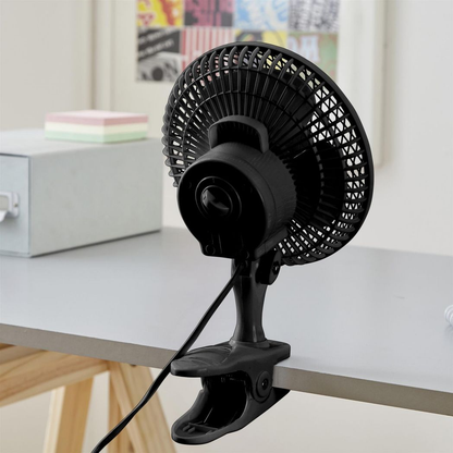 Neo Mini 6" Clip Base Mount Desk Fan, Black, 360° Adjustable, 2 Speeds