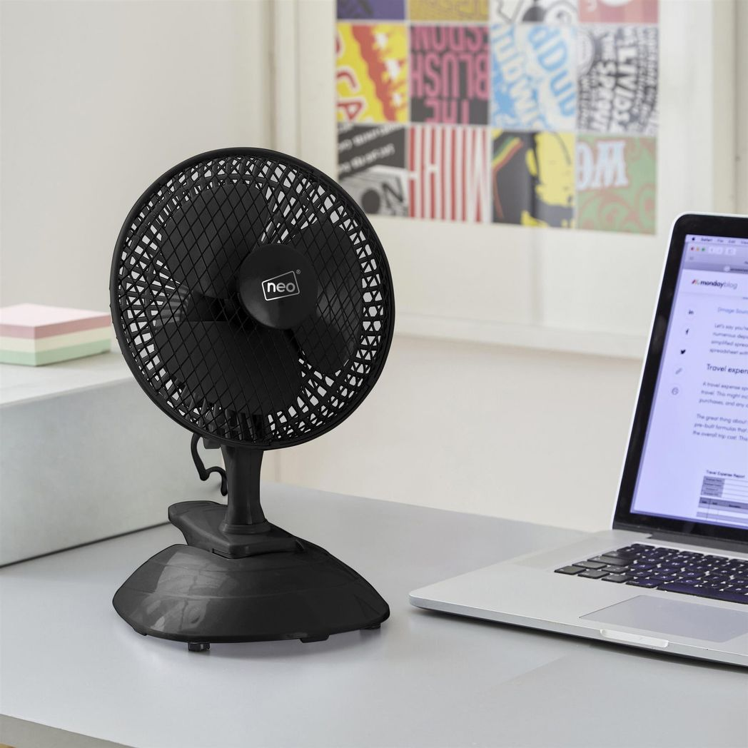 Neo Mini 6" Clip Base Mount Desk Fan, Black, 360° Adjustable, 2 Speeds
