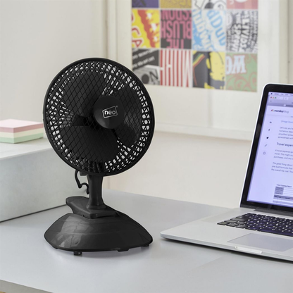 Neo Mini 6" Clip Base Mount Desk Fan, Black, 360° Adjustable, 2 Speeds