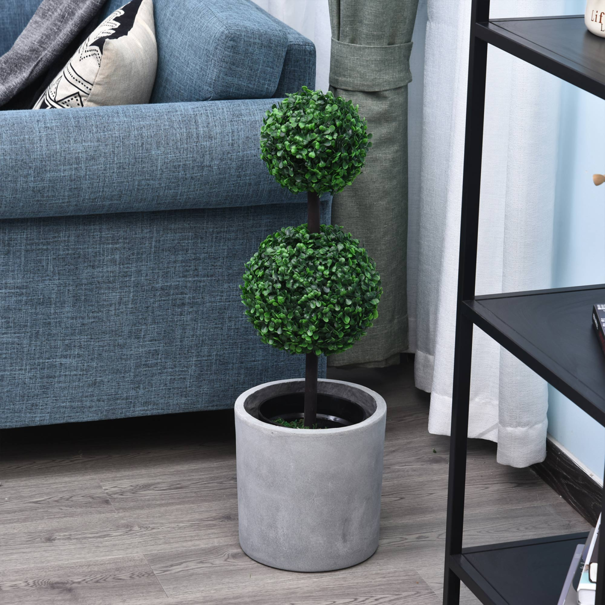 Set of 2 Artificial Boxwood Ball Topiary Trees in Green, PE Plants