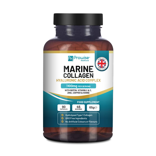 Marine Collagen + Hyaluronic Acid 1100mg, 90 Capsules | Made in UK | Prowise