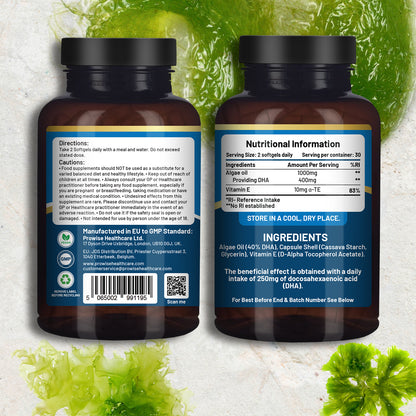Prowise Vegan Omega-3 DHA Algae Oil 60 Softgels with Vitamin E, 400mg