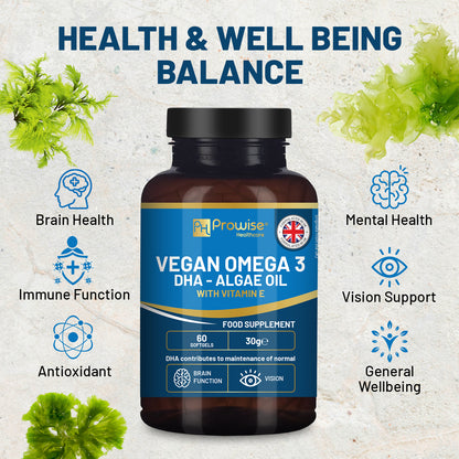 Prowise Vegan Omega-3 DHA Algae Oil 60 Softgels with Vitamin E, 400mg