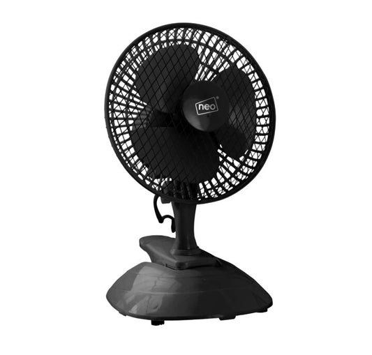 Neo Mini 6" Clip Base Mount Desk Fan, Black, 360° Adjustable, 2 Speeds