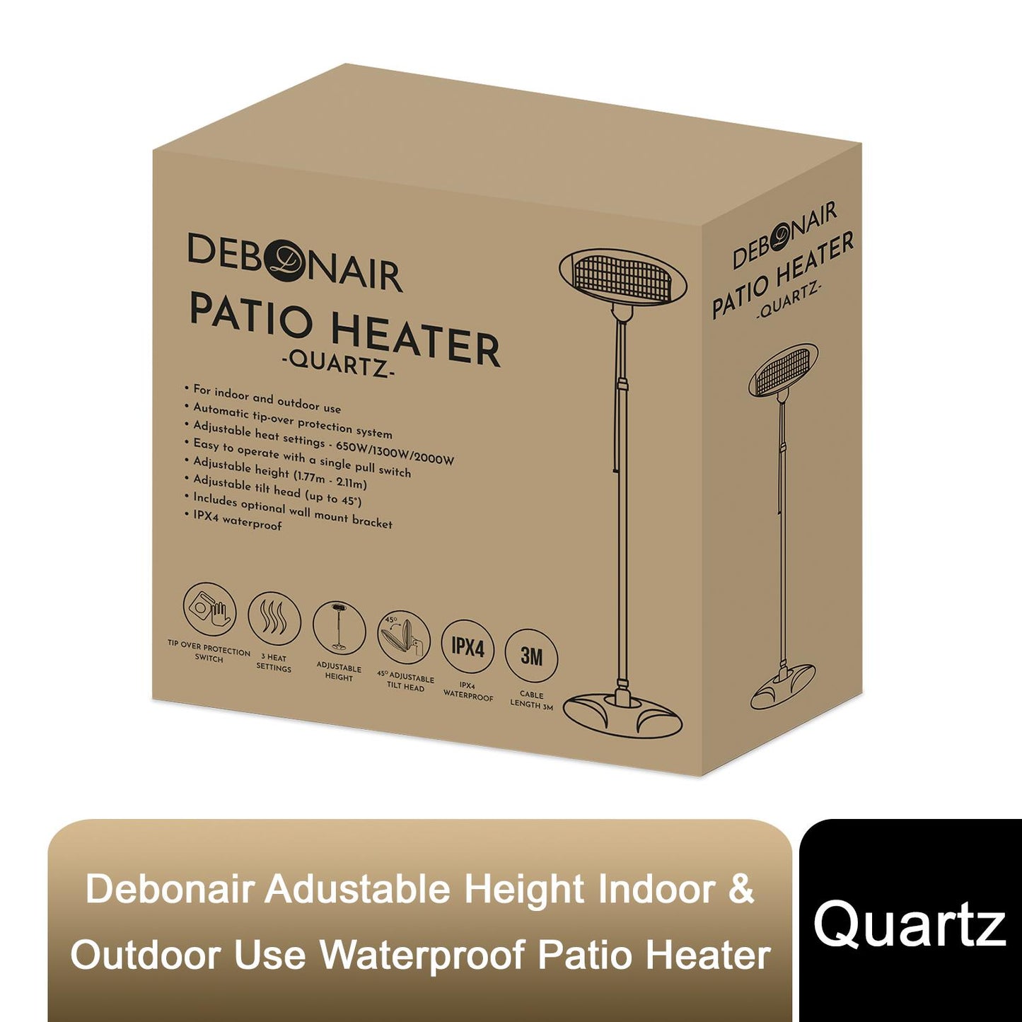 Debonair Adjustable Height Waterproof Quartz Patio Heater for Indoor/Outdoor Use