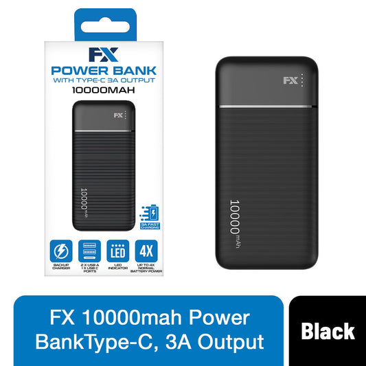10,000mAh FX Power Bank w/ USB-C 3A Output – Black