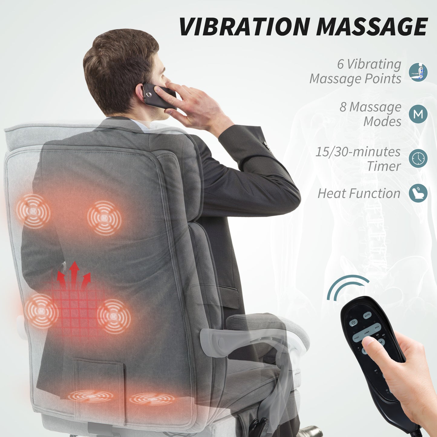 Heat Massage Recliner Chair with 6-Point Vibration, 8 Modes & 135° Lounge Grey