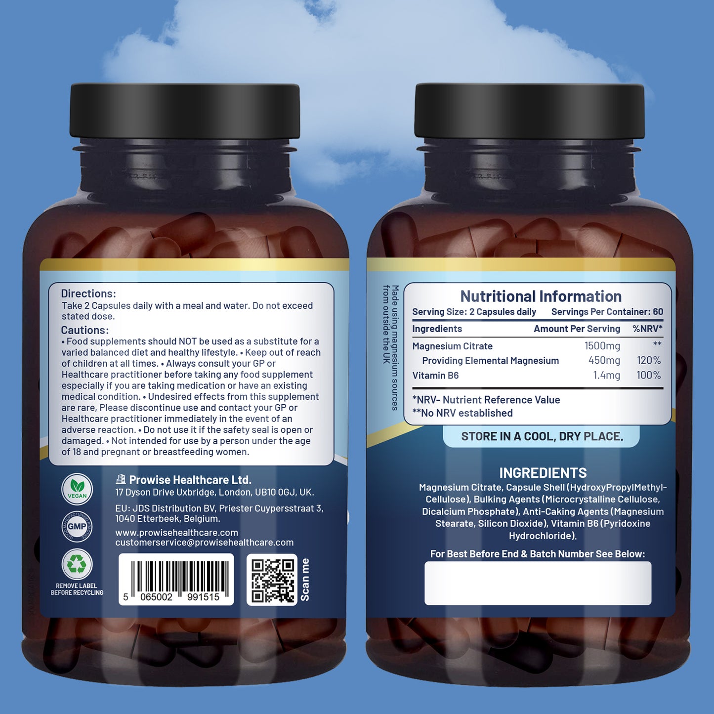 Magnesium Citrate 1500mg with Vitamin B6 | 120 Vegan Capsules (450mg Mg)