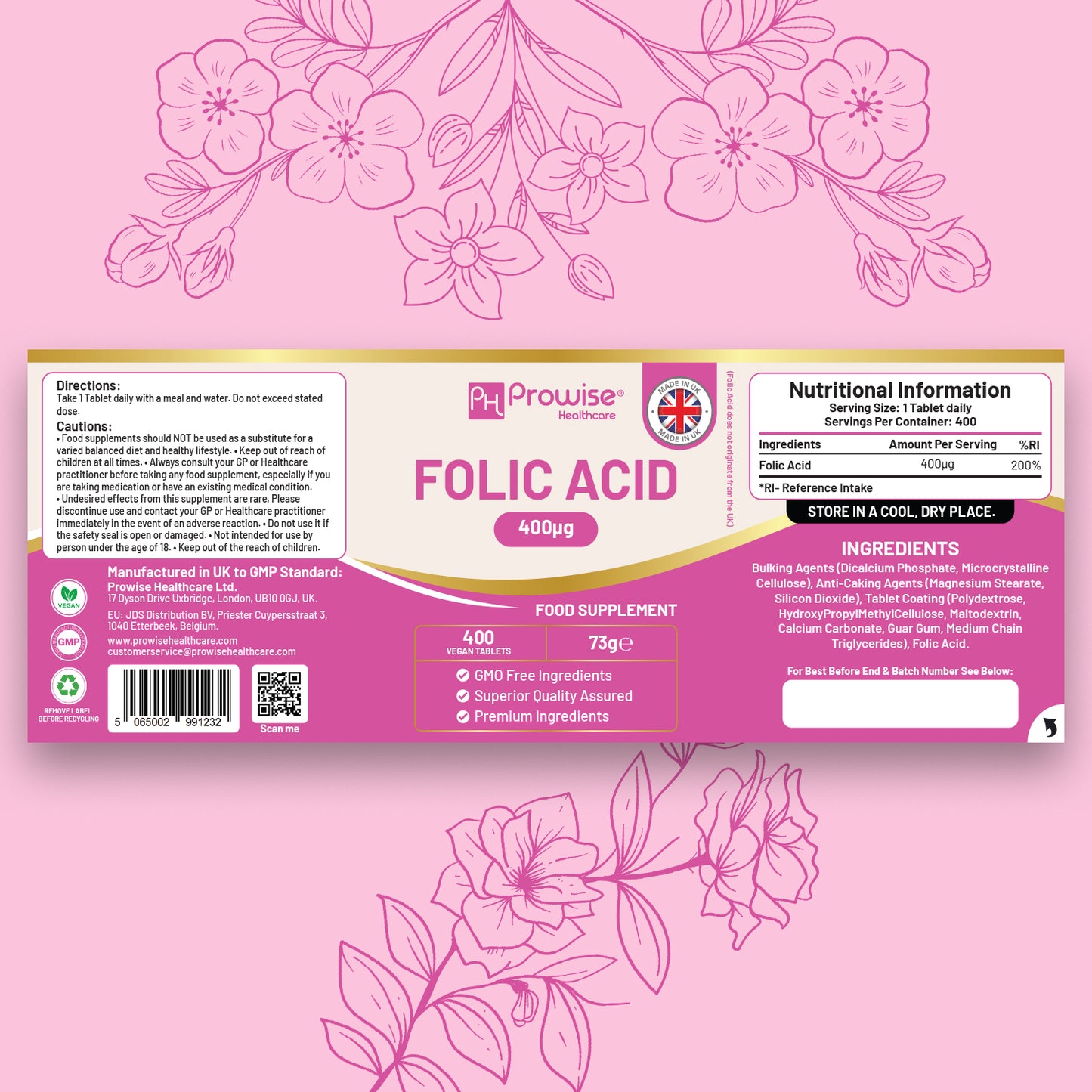 Vegan Folic Acid 400mcg Vitamin B9 Tablets (400 Count)