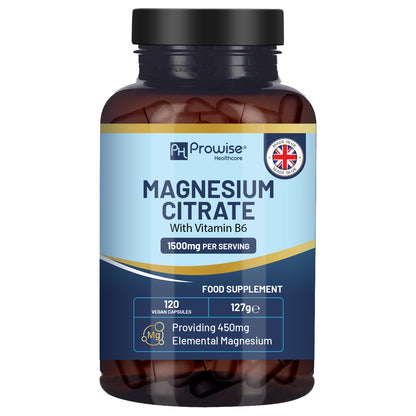 Magnesium Citrate 1500mg with Vitamin B6 | 120 Vegan Capsules (450mg Mg)