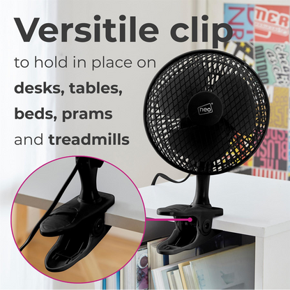 Neo Mini 6" Clip Base Mount Desk Fan, Black, 360° Adjustable, 2 Speeds