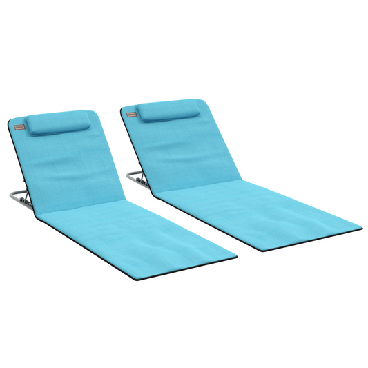 Outsunny 2-Pack Outdoor Beach Mat Reclining Chair Set, Light Blue