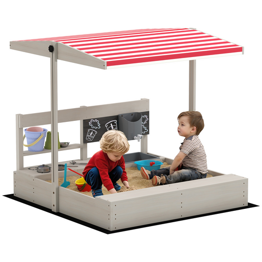 Outsunny Kids Wooden Sandbox w/ Canopy & Kitchen Playset, Storage, Fir Wood