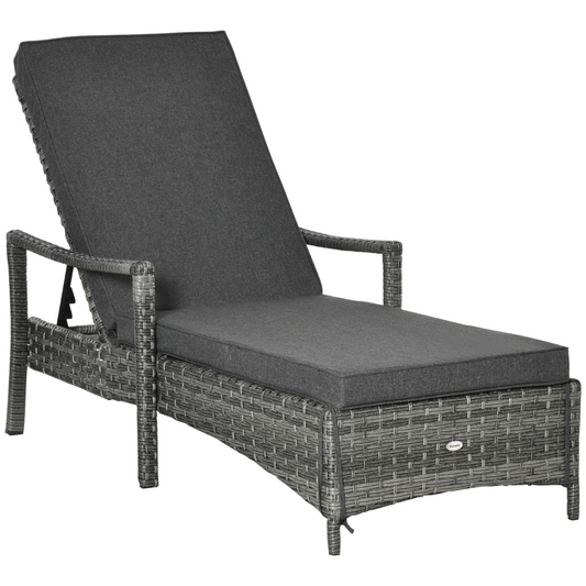 Rattan Single Sun Lounger Reclining Chair, 4-Position Backrest, Grey Cushion