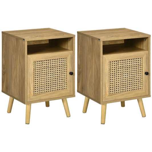 HOMCOM Rattan Nightstand with Cabinet, Shelf & Tabletop Storage, Anti-Tip