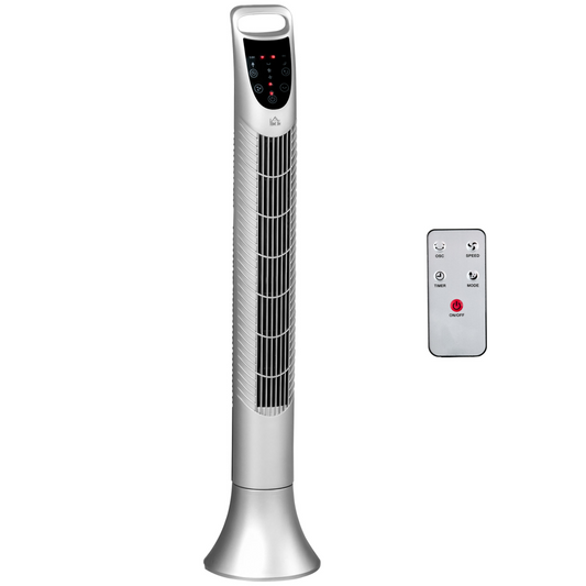 Silver Tower Fan with Remote, 3 Speeds, 3 Modes, 7.5H Timer & Oscillation