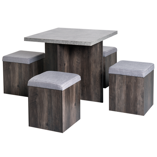 5-Piece Outdoor Dining Table Set with Removable Lids & 4 Ottomans, Grey