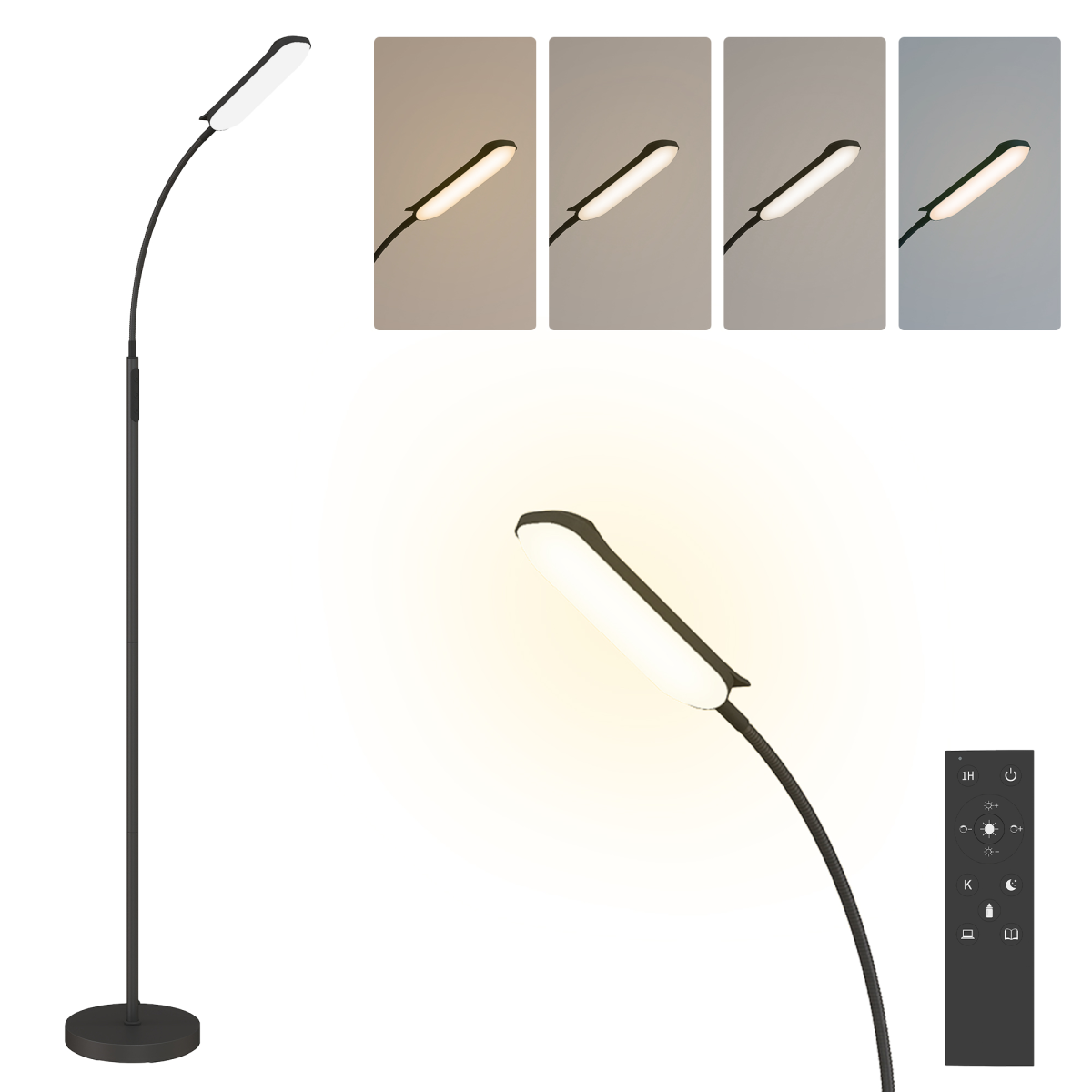 HOMCOM LED Floor Lamp, Black, Magnetic Remote, 5 Modes, 4 Brightness & Timer