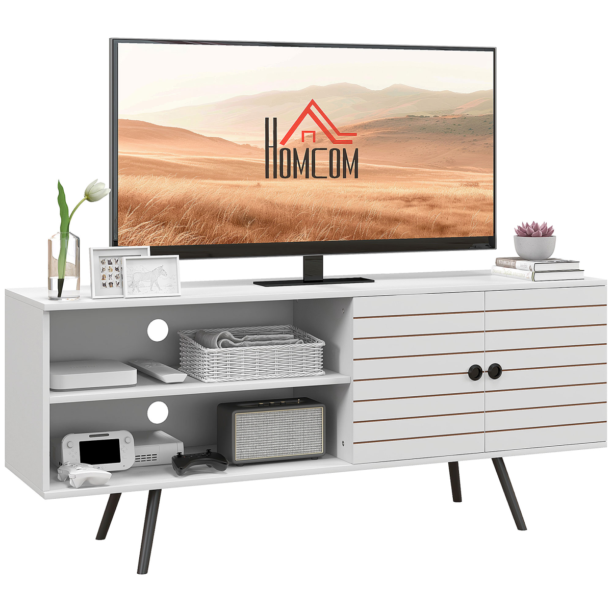 HOMCOM White TV Unit Cabinet for 65" TVs, Storage Shelves & Cable Holes