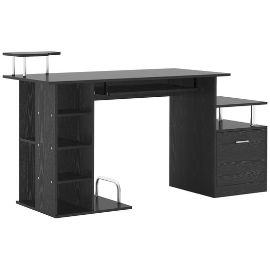 HOMCOM Wood Computer Desk with Pull-Out Keyboard Tray, Drawer & Shelves