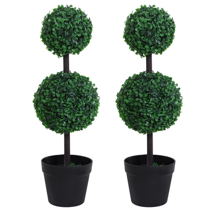 Set of 2 Artificial Boxwood Ball Topiary Trees in Green, PE Plants