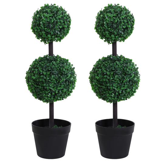 Set of 2 Artificial Boxwood Ball Topiary Trees in Green, PE Plants