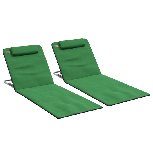 Outsunny 2-Piece Outdoor Beach Recliner Mat Set w/ Pillow, Adjustable, Green